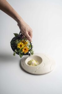 Limón, apio, albahaca, yogurt y trucha.