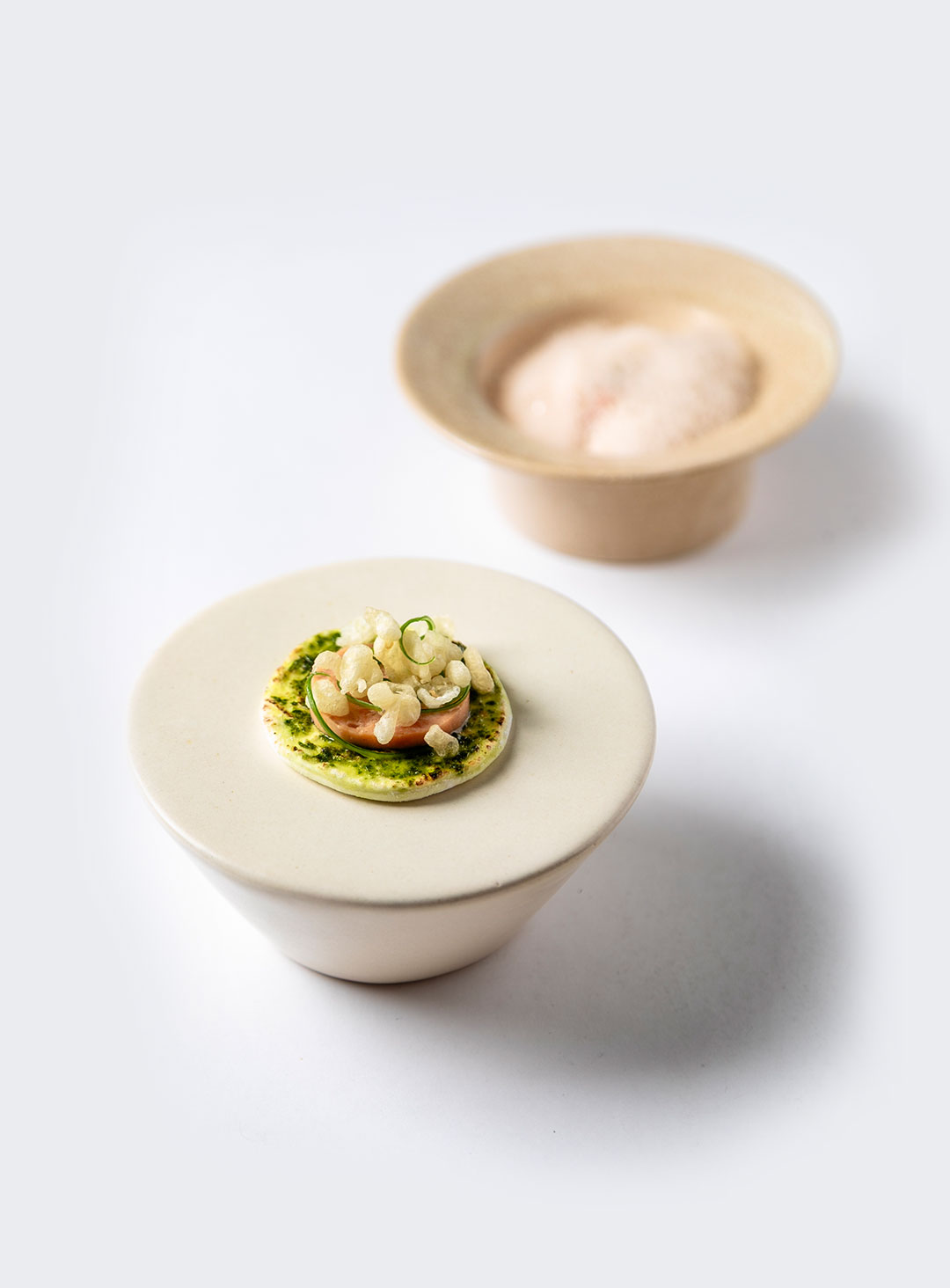 Trucha, zapallo y aire de criolla. Marshmallow, mortadela de trucha, pesto, verdeo y tempura.